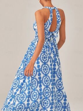Ador Halter Maxi Dress Keyhole Back Large NWT Boho Fit and Flare Nautical Beach